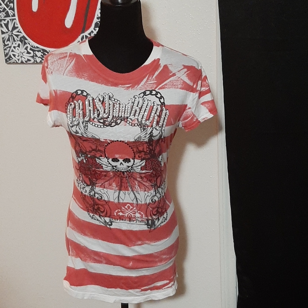 Crash and Burn white skull tee w/ red stripes
